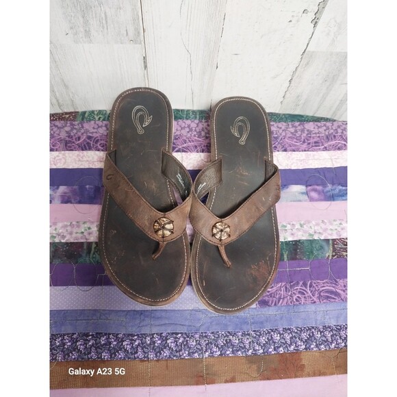 OLUKAI ~ Women's “Melia” Brown Leather Wedge Platform Flip Flop Sandals Size 8 - Picture 2 of 8